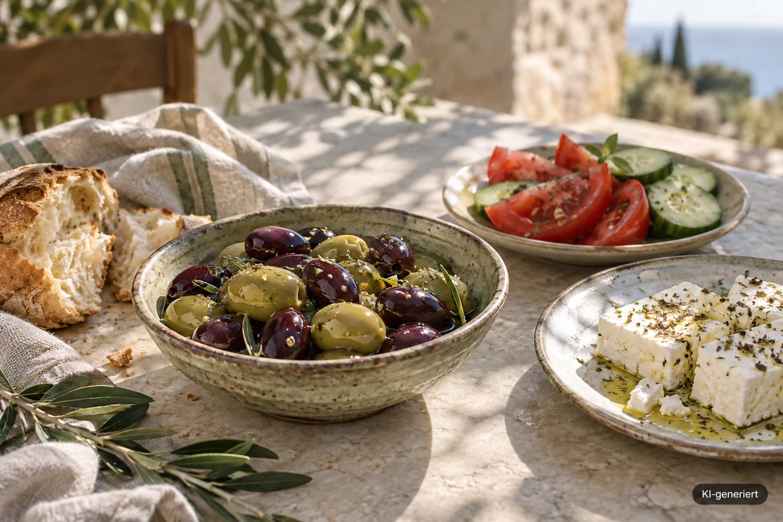 Oliven als mediterrane Szene; KI-generiert direkt im Bild gekennzeichnet