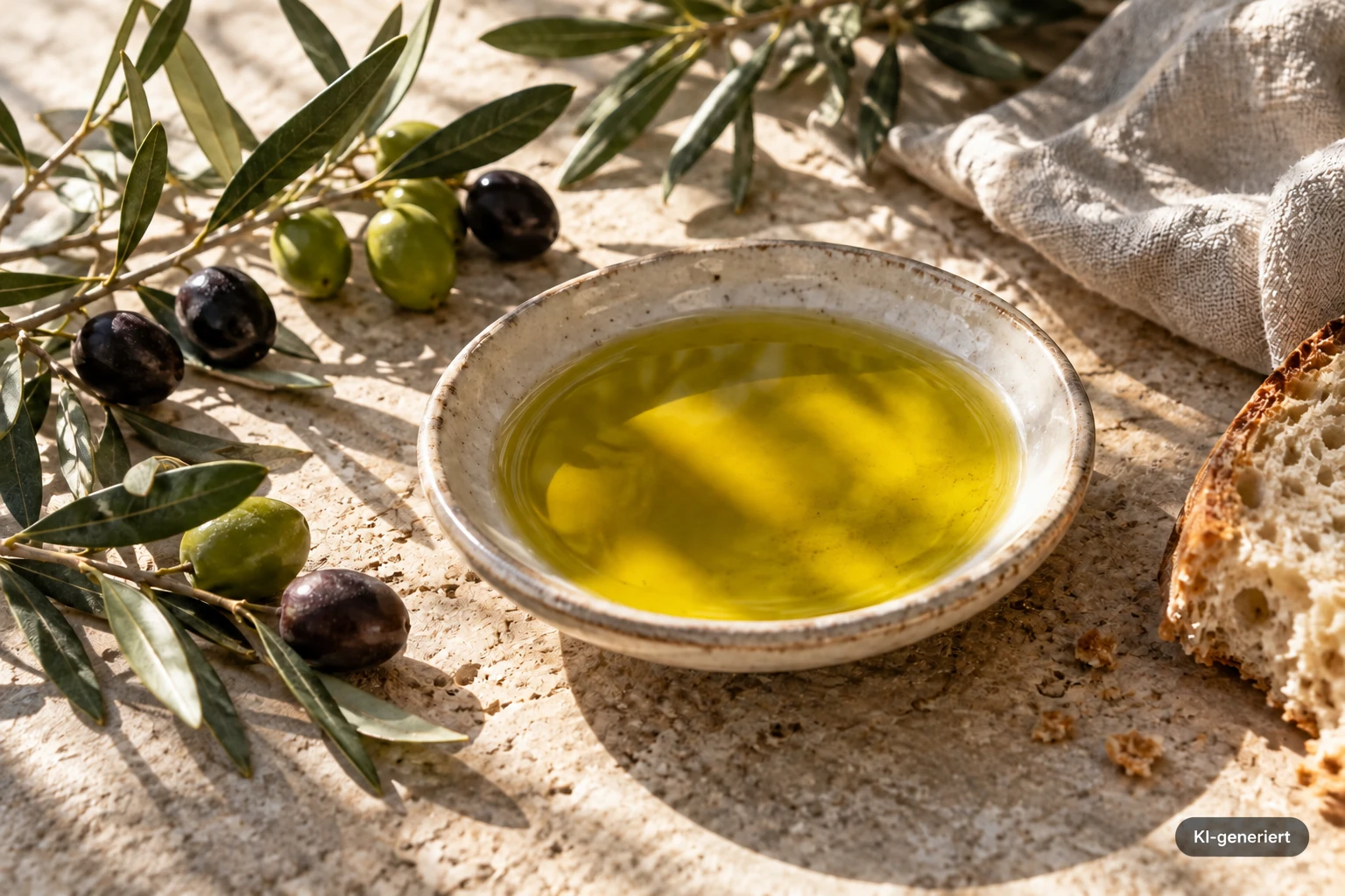 Olivenöl als mediterrane Szene; KI-generiert direkt im Bild gekennzeichnet