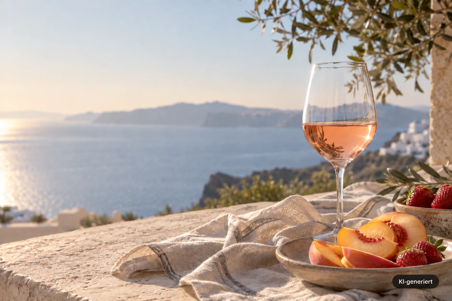 Roséwein als mediterrane Szene; KI-generiert direkt im Bild gekennzeichnet