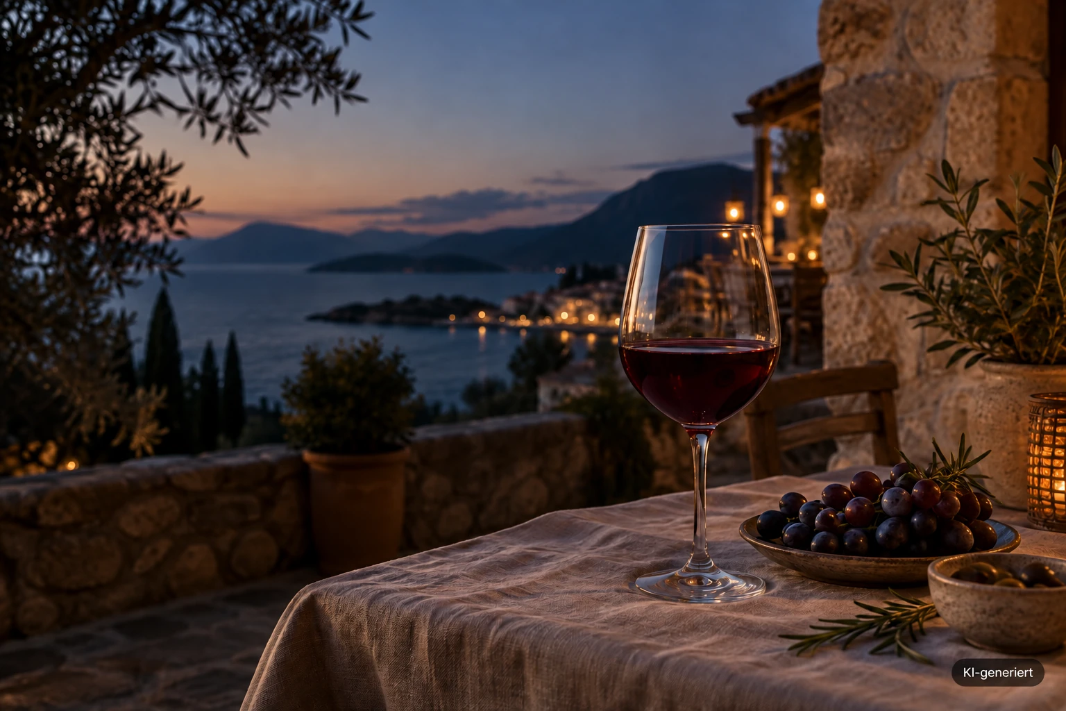 Rotwein als mediterrane Szene; KI-generiert direkt im Bild gekennzeichnet