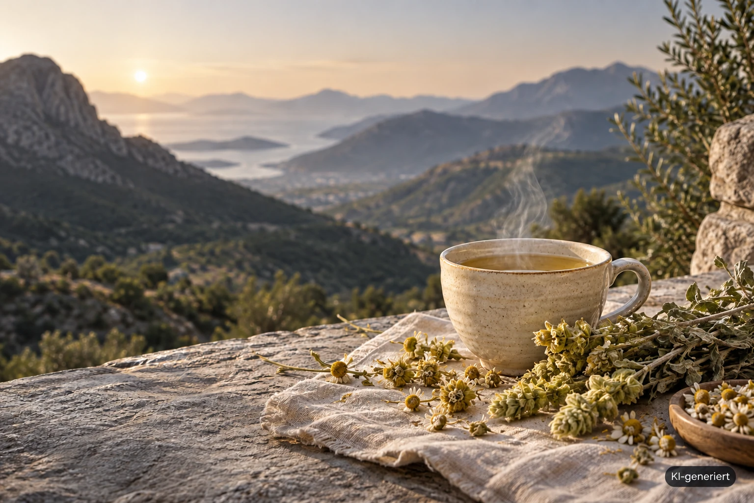 Kräutertee als mediterrane Szene; KI-generiert direkt im Bild gekennzeichnet