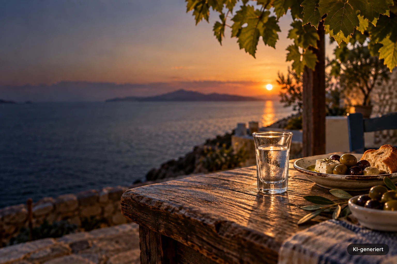 Tsipouro als mediterrane Szene; KI-generiert direkt im Bild gekennzeichnet