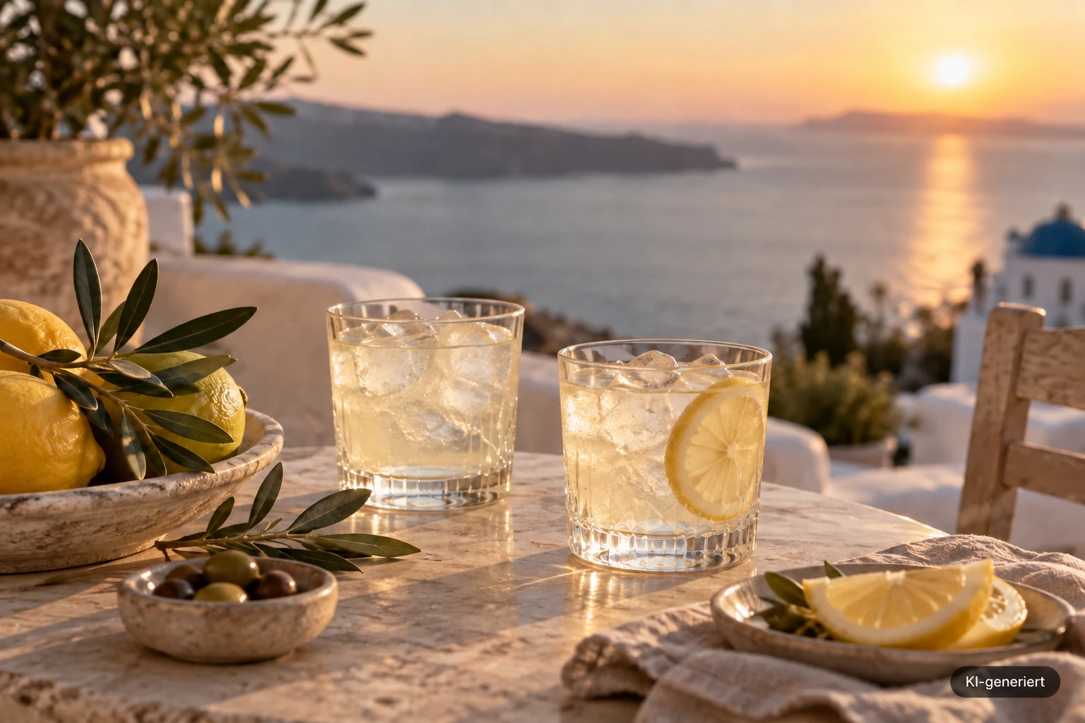 Weinspritz als mediterrane Szene; KI-generiert direkt im Bild gekennzeichnet