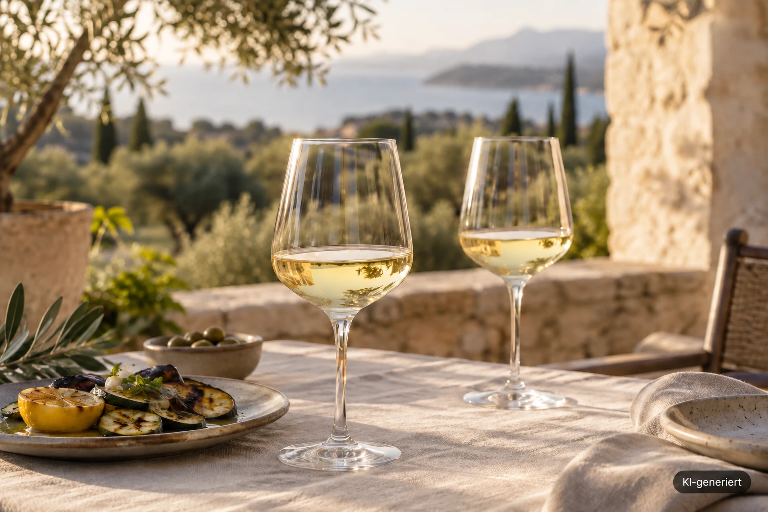 Weißwein als mediterrane Szene; KI-generiert direkt im Bild gekennzeichnet