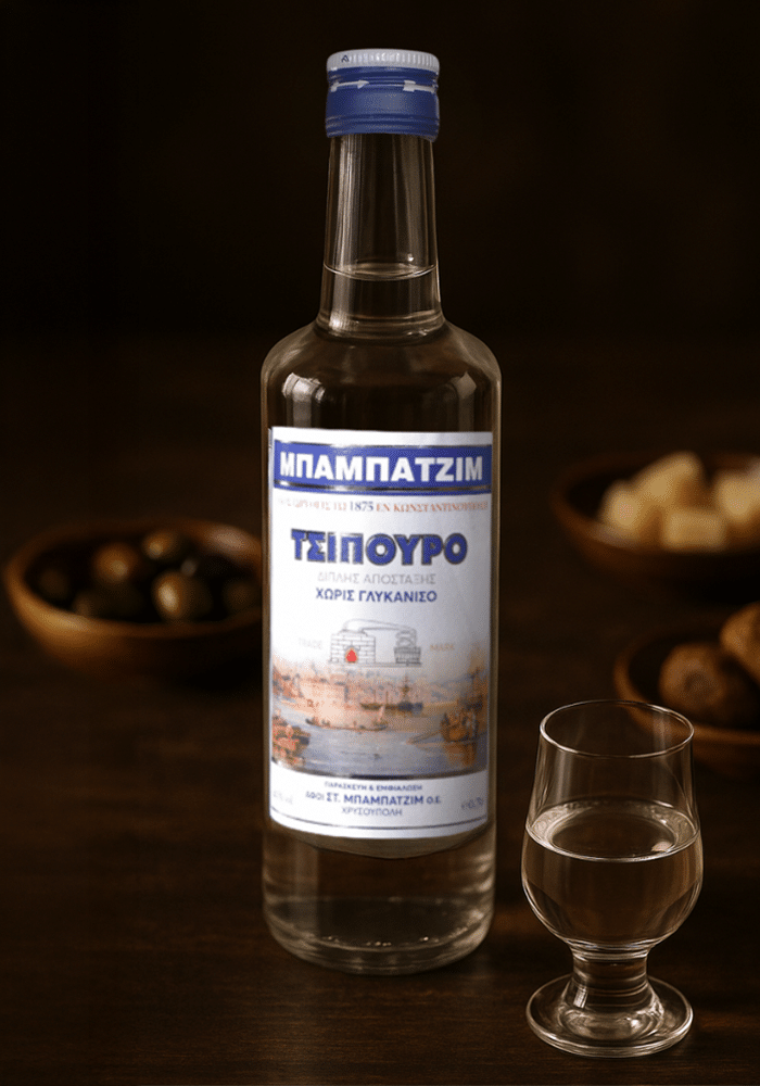Auf einem Tisch steht ein Tsipouroflasche und auf der rechten Seite eine gefülltes Glas. Im Hintergrund sieht man Oliven und ein Brot