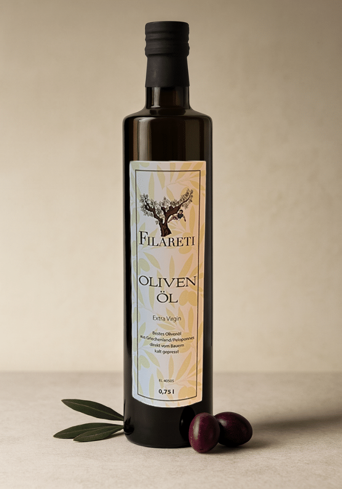 Im Vordergrund ist eine Olivenöl Flasche und im Hintergrund sind Olivenzweige und Oilven zu sehen