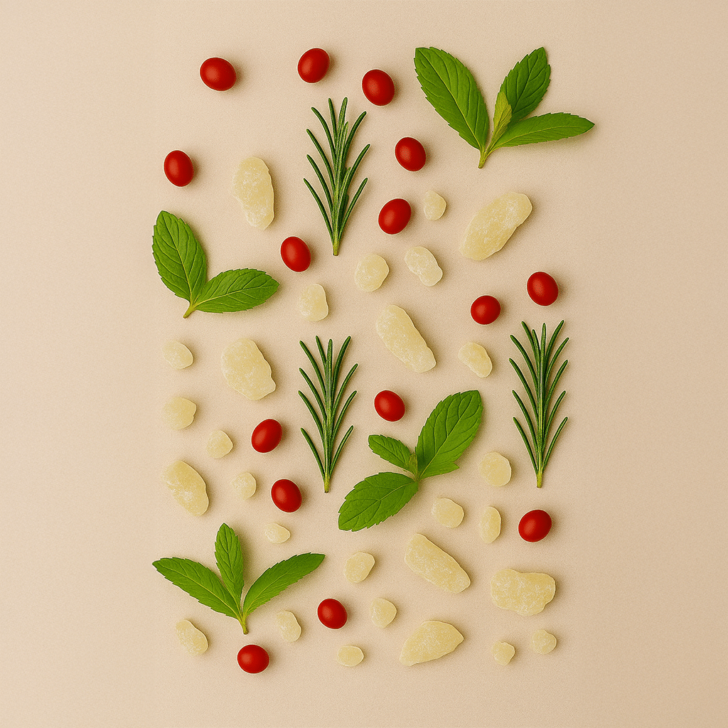 Auf dem Boden liegen Mastiha und ein paar cranberry und Minzen sortiert