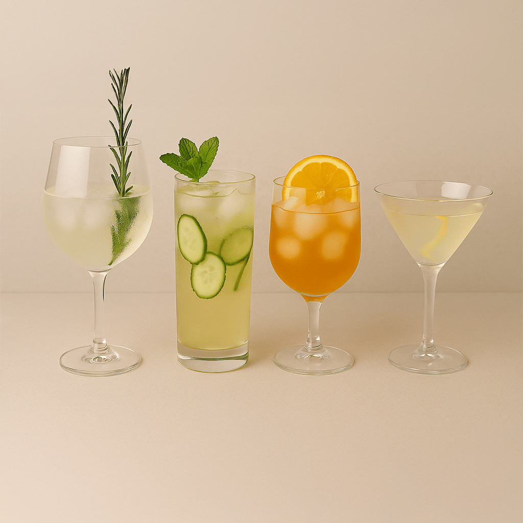 Im Vordergrund stehen vier Cocktail im Glas gefüllt.