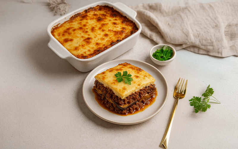 In der Mitte des Bildes sieht man das Gericht Moussaka