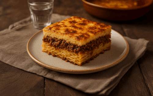 Auf einem Teller ist das Gericht Pastitsio. Im Hintergrund auf der rechten Seite sieht man ein Glas Wasser