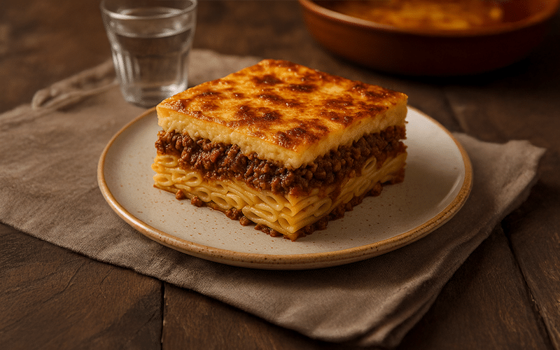 Auf einem Teller ist das Gericht Pastitsio. Im Hintergrund auf der rechten Seite sieht man ein Glas Wasser