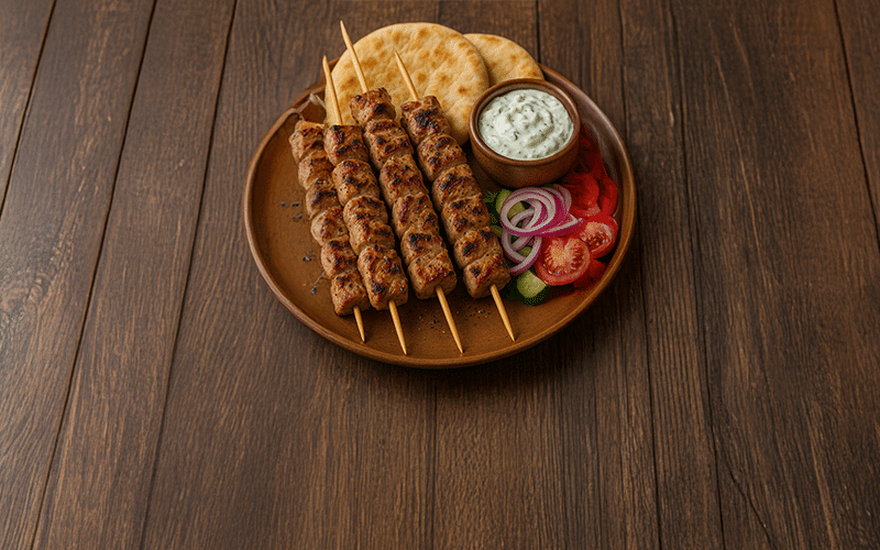 In der Mitte des Bildes sieht man das Gericht Souvlaki. Außerdem liegt noch auf dem Teller Pita und Tzatziki