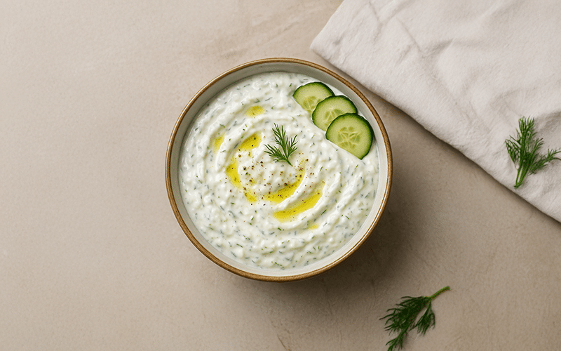 In der Mitte des Bildes sieht man den Dip Tzatziki. Auf der rechteen Seite liegt ein Lappen als Deko