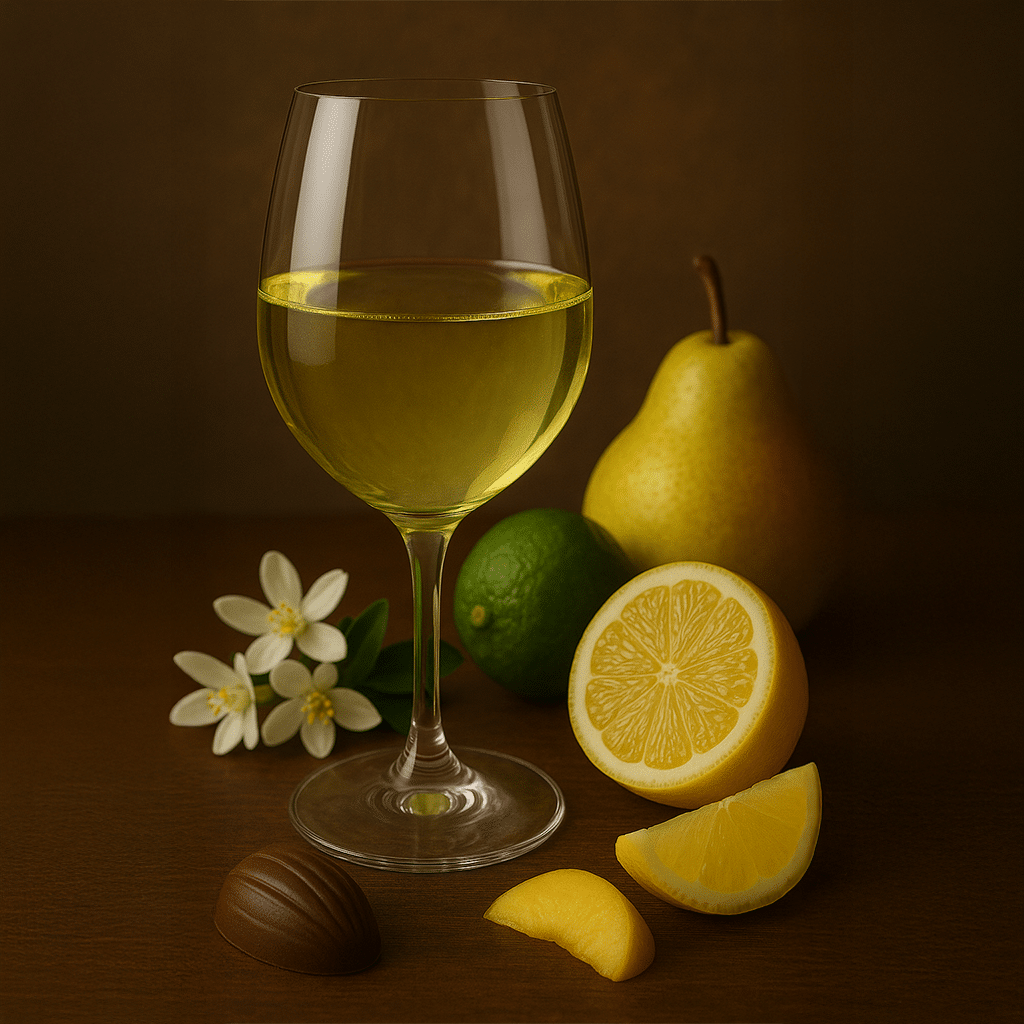 Ein Weißwein steht in der Mitte mit deko