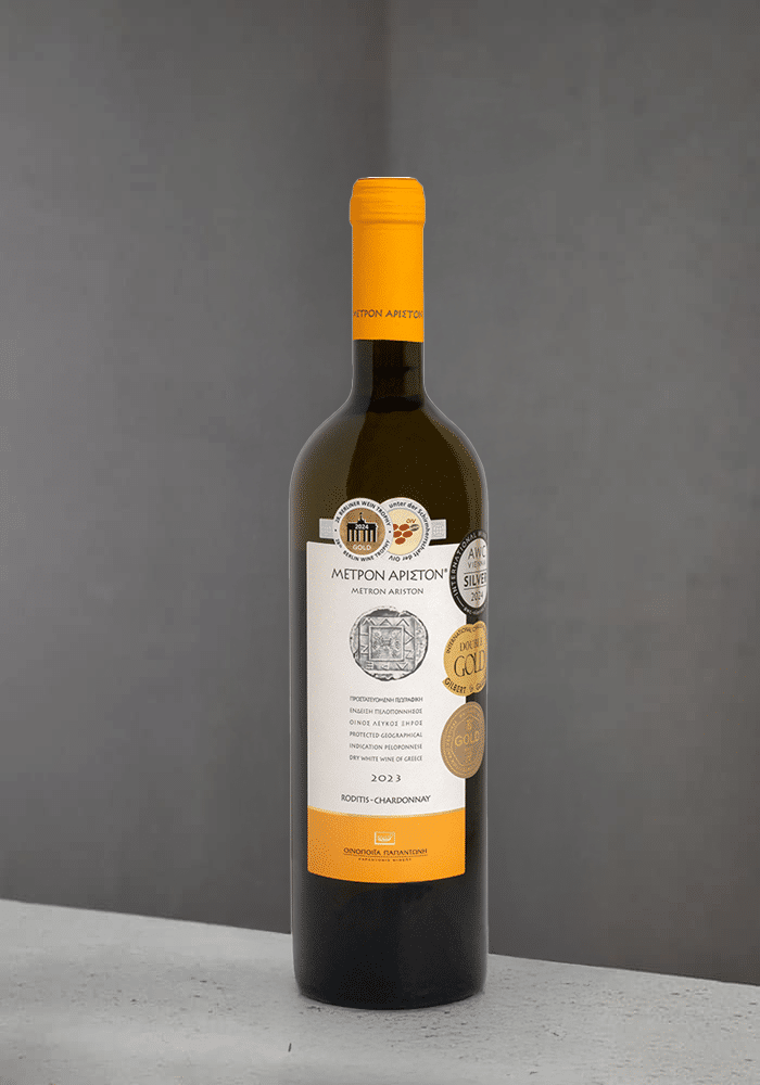 Weinflasche Papantonis „Metron Ariston“ – Weißwein aus Griechenland