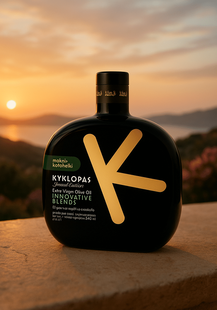 Schwarze, flache Flasche mit großem goldfarbenem „K“-Design und der Aufschrift „KYKLOPAS Special Edition Extra Virgin Olive Oil Innovative Blends, Makri-Kothelki“ steht auf einem Steinvorsprung. Im Hintergrund ein malerischer Sonnenuntergang über Meer und Hügeln.