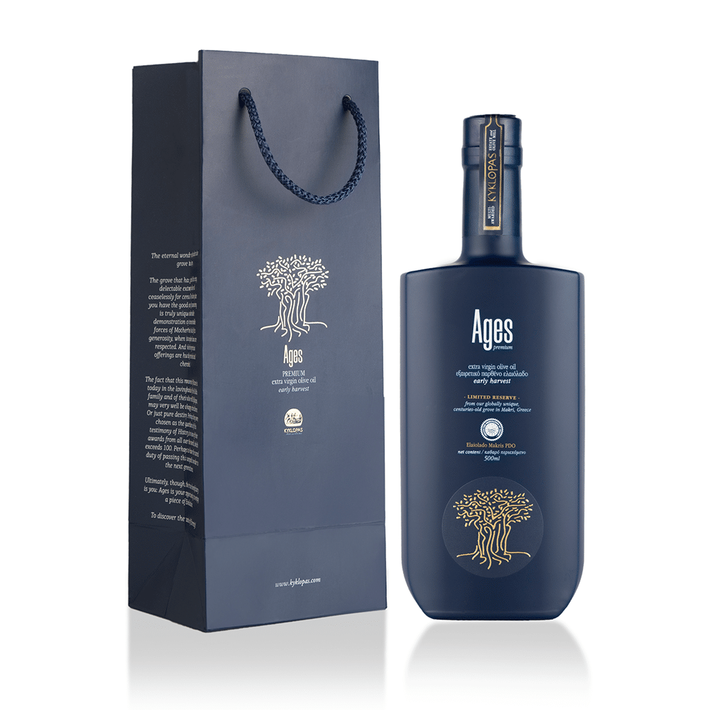 Produktbild auf der linken Seite ist die Tüte und auf der rechten Seite das Olivenöl