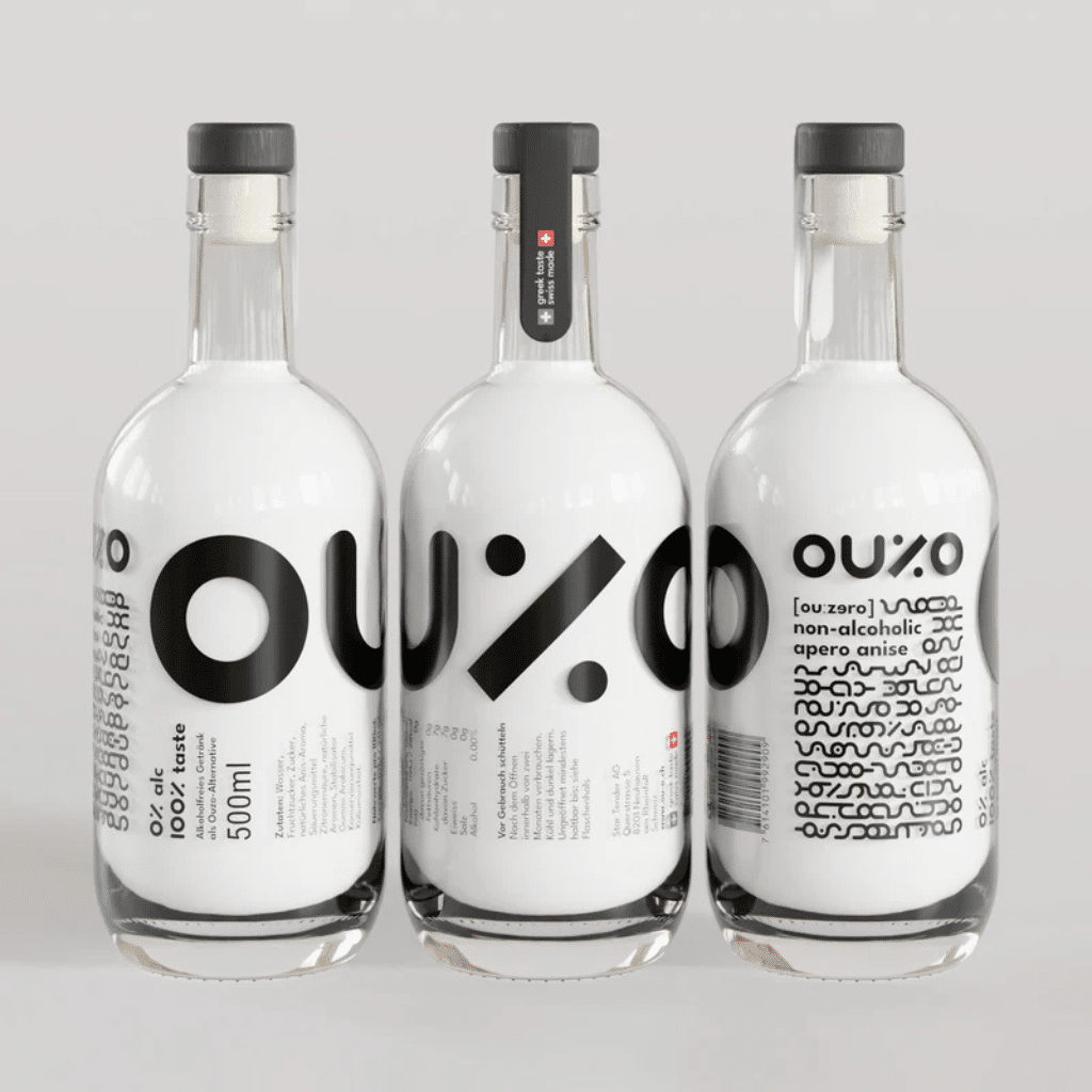 Drei Ansichten der Ouzero-Flasche und ihres Designs