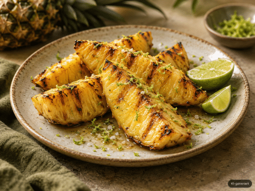 Gegrillte Ananasspalten mit Limette und feinen Grillstreifen; KI-generiert im Bild