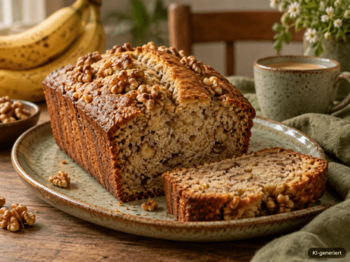 Bananenbrot mit Walnüssen, angeschnitten auf einer Platte; KI-generiert im Bild