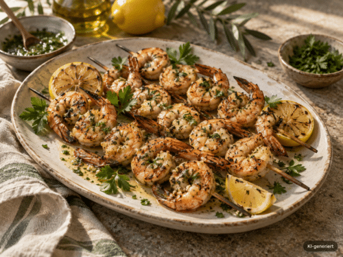 Gegrillte Garnelenspieße mit Knoblauch, Petersilie und Zitrone; KI-generiert im Bild