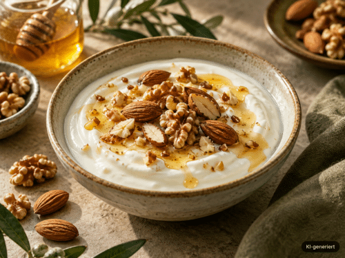 Naturjoghurt mit Walnüssen, Mandeln und Honig; KI-generiert im Bild