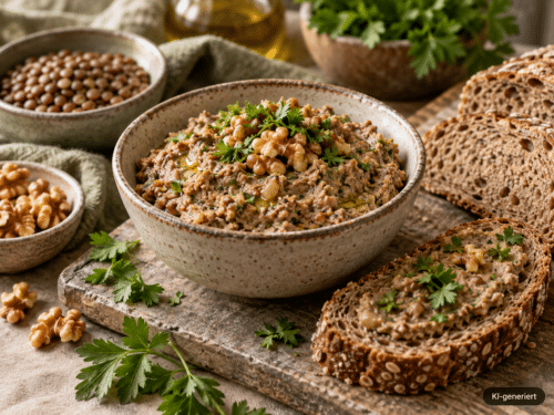 Linsen-Walnuss-Aufstrich auf Vollkornbrot; KI-generiert im Bild
