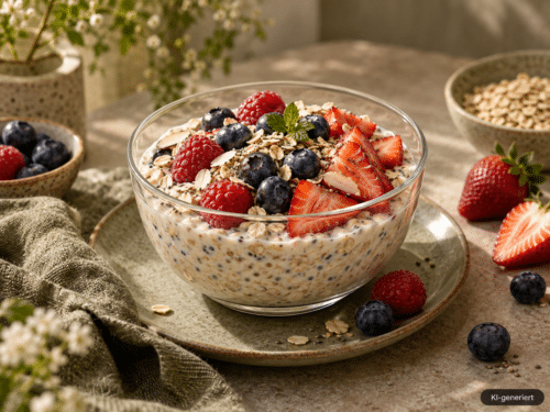 Overnight Oats mit frischen Beeren im Glas; KI-generiert im Bild