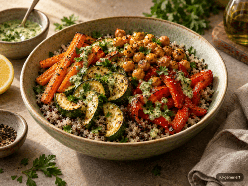Quinoa-Bowl mit geröstetem Gemüse, Kichererbsen und Kräuterdressing; KI-generiert im Bild