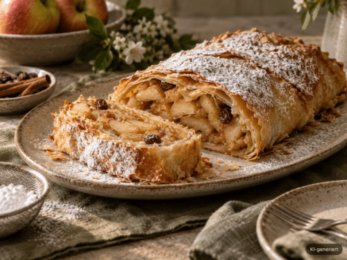 Apfelstrudel mit Apfel-Zimt-Füllung und Puderzucker; KI-generiert im Bild