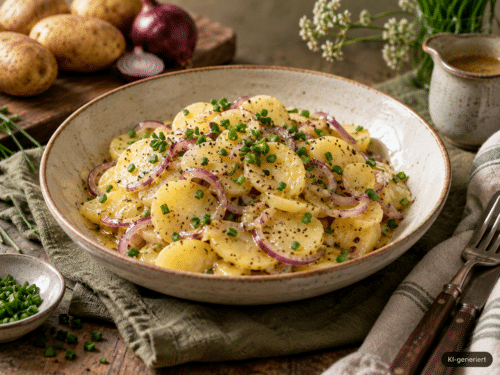 Wiener Erdäpfelsalat mit Zwiebeln und Schnittlauch; KI-generiert im Bild
