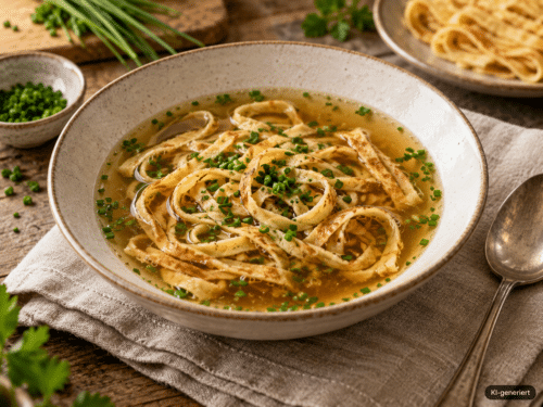 Klare Frittatensuppe mit feinen Pfannkuchenstreifen und Schnittlauch; KI-generiert im Bild