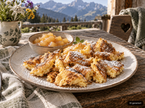 Kaiserschmarrn mit Apfelkompott vor Alpenkulisse; KI-generiert im Bild
