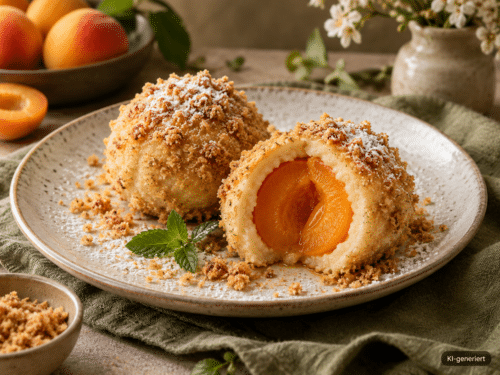 Marillenknödel mit gerösteten Butterbröseln, einer aufgeschnitten; KI-generiert im Bild