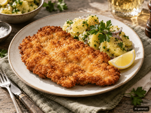 Goldbraunes Schweineschnitzel Wiener Art mit Zitrone und Erdäpfelsalat; KI-generiert im Bild