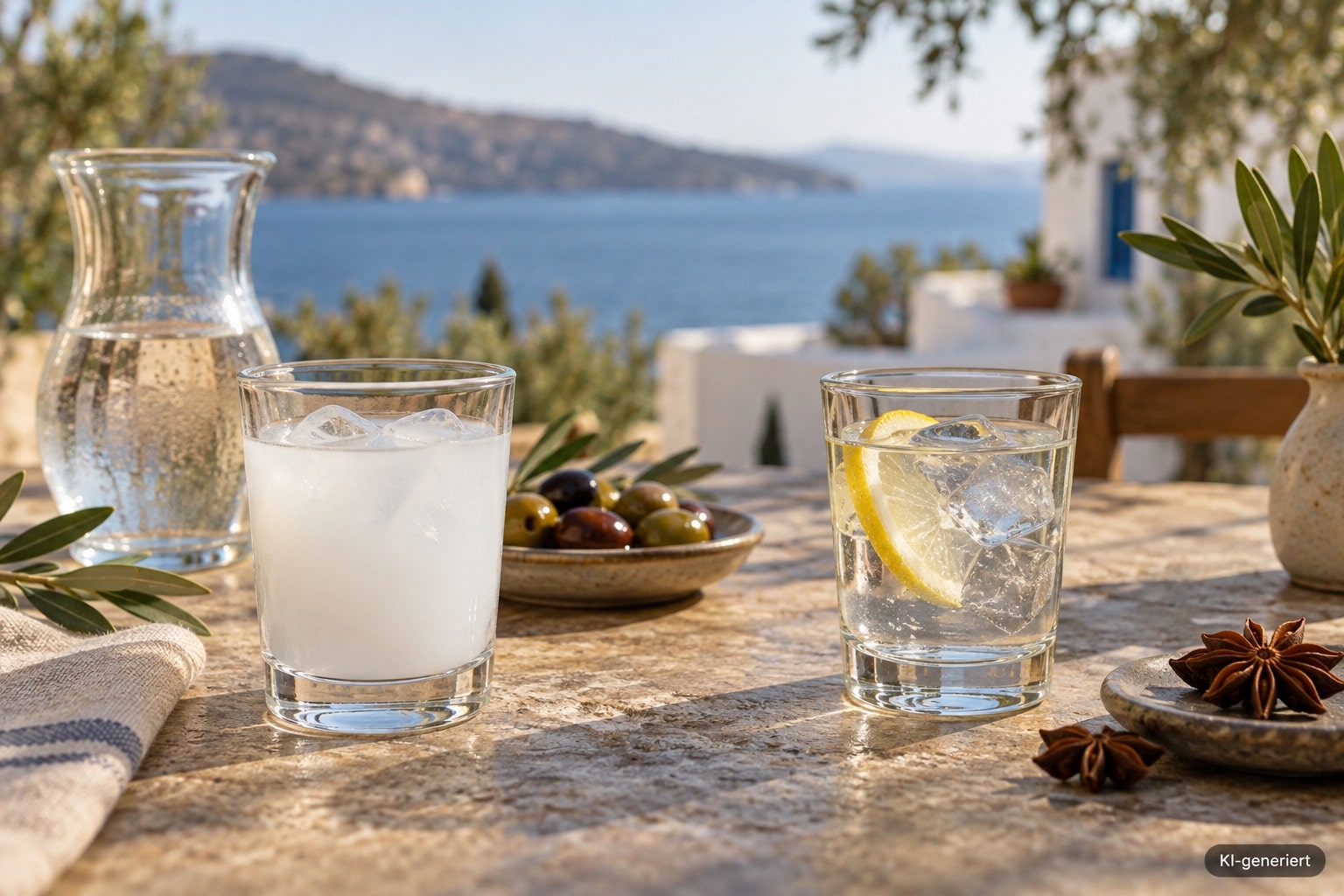 Zwei Anis-Aperitifs, klar getrennt nach Alkoholgehalt. Kennzeichnung KI-generiert im Bild