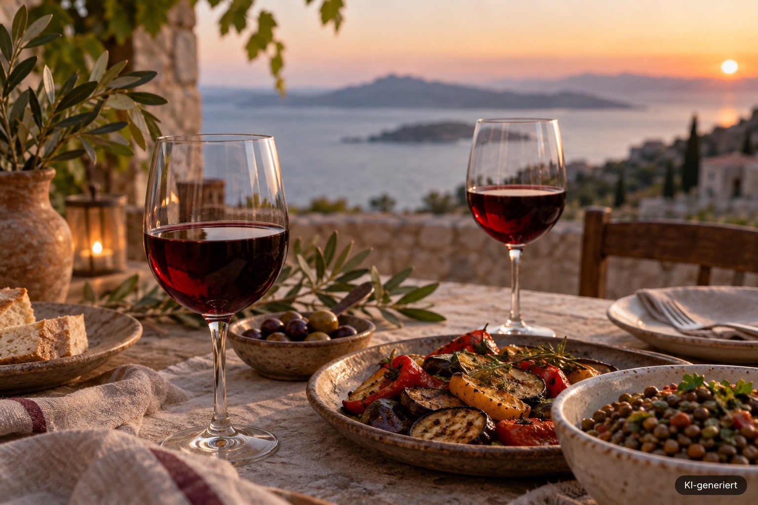 Rotwein und Essen bewusst aufeinander abstimmen. Kennzeichnung KI-generiert im Bild