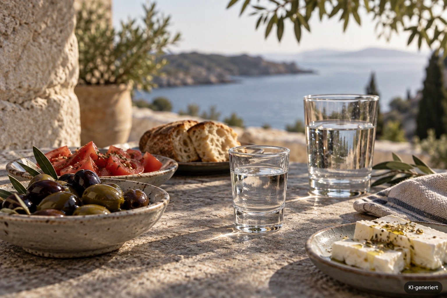 Tsipouro mit Wasser und Meze in kleinen Portionen genießen. Kennzeichnung KI-generiert im Bild