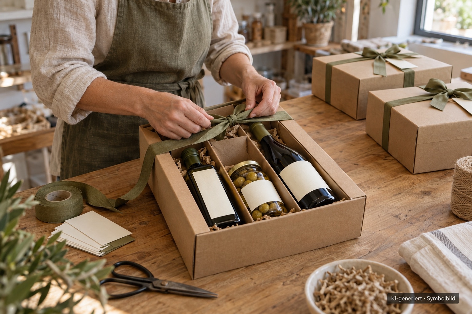 Mediterranes Firmenpräsent mit Feinkost, Wein und individueller Verpackungsidee – KI-generiertes Symbolbild