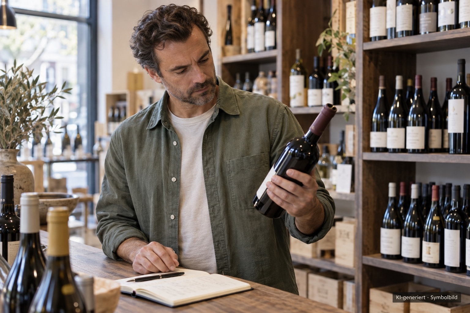Recherche zu besonderen Weinwünschen mit Notizen und ausgewählten Weinflaschen – KI-generiertes Symbolbild